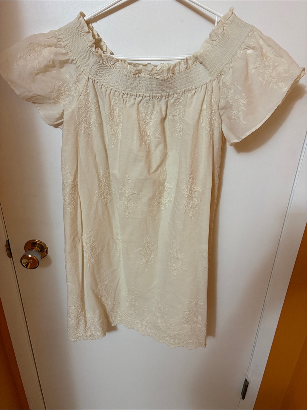 Off-Shoulder Cream Embroidered Tunic Dress